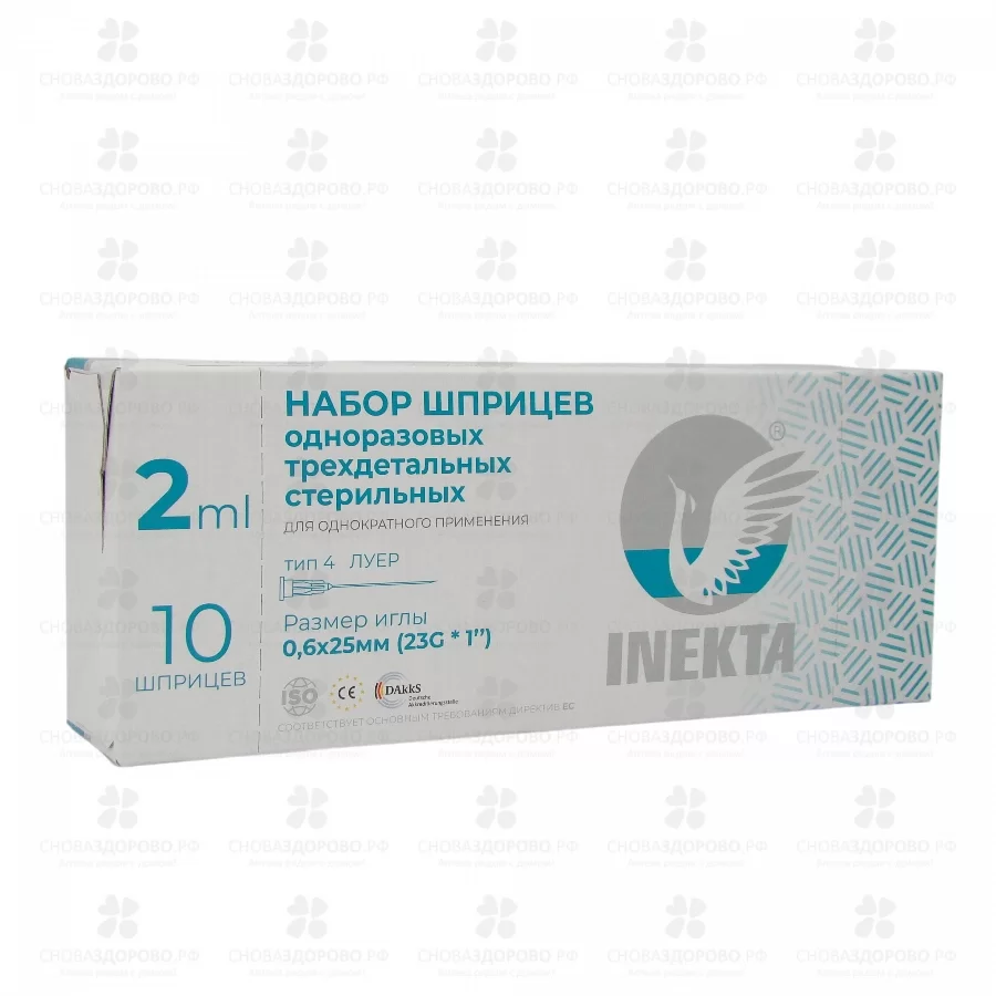 Шприц Инекта 2мл №10 (трехкомпонетный) игла 0,6х25мм (23Gх1) ✅ 41608/06243 | Сноваздорово.рф