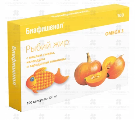 Рыбий жир Биафишенол капсулы 0,3г №100 (тыква/календула/зародыши пшеницы) (БАД) ✅ 10260/06724 | Сноваздорово.рф