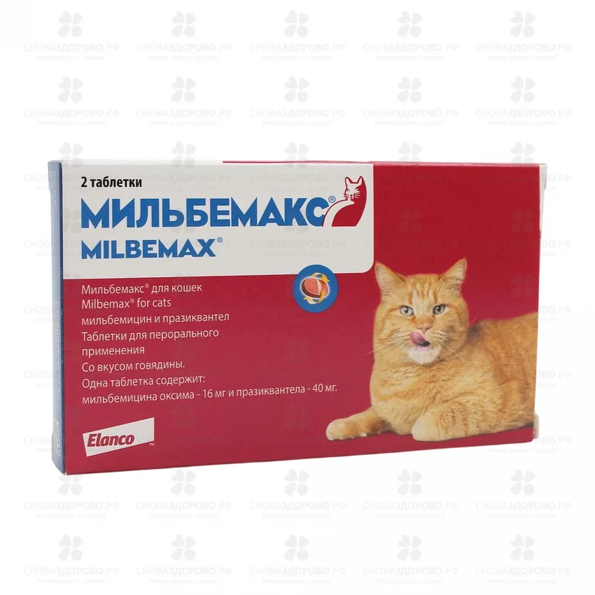 СноваЗдорово.рф: Мильбемакс таблетки 16мг/40мг №2 для взрослых кошек (со вкусом говядины)